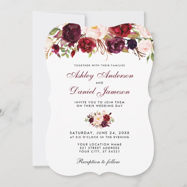Floral Watercolor Burgundy Wedding Invitation BR (Front)