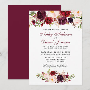 Floral Watercolor Burgundy Wedding Invitation BT