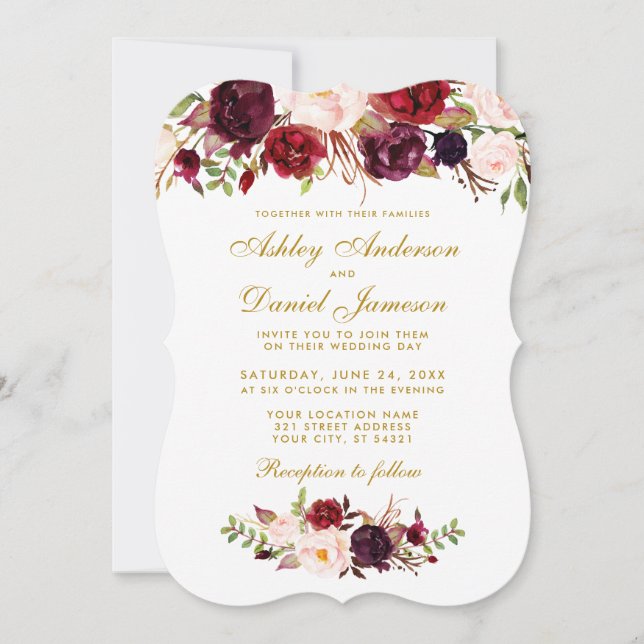 Floral Watercolor Burgundy Wedding Invitation GB (Front)