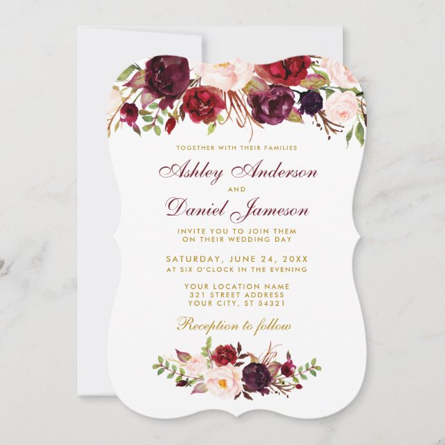 Floral Watercolor Burgundy Wedding Invitation GB (Front)
