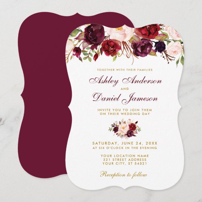 Floral Watercolor Burgundy Wedding Invitation GB (Front/Back)