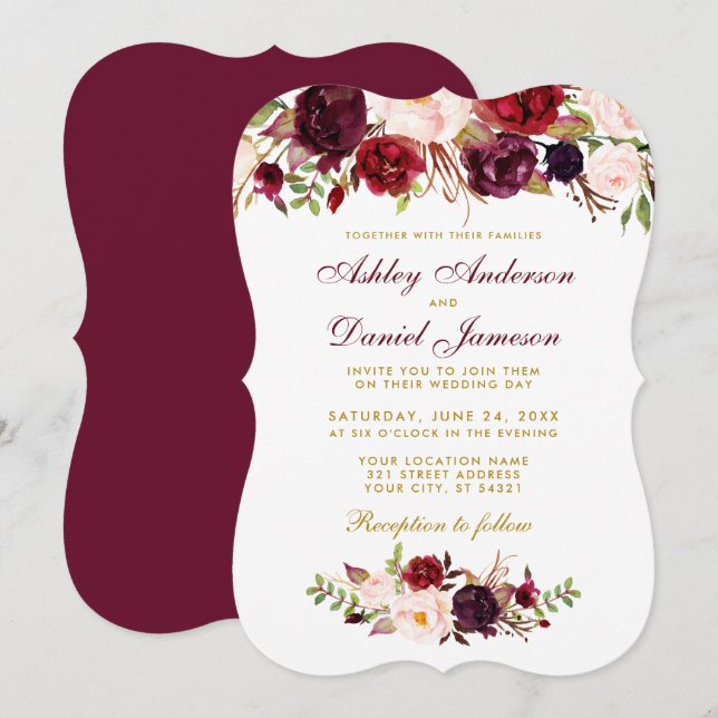 Floral Watercolor Burgundy Wedding Invitation GBB (Front/Back)