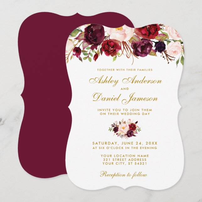 Floral Watercolor Burgundy Wedding Invitation Gold (Front/Back)