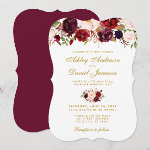 Floral Watercolor Burgundy Wedding Invitation Gold