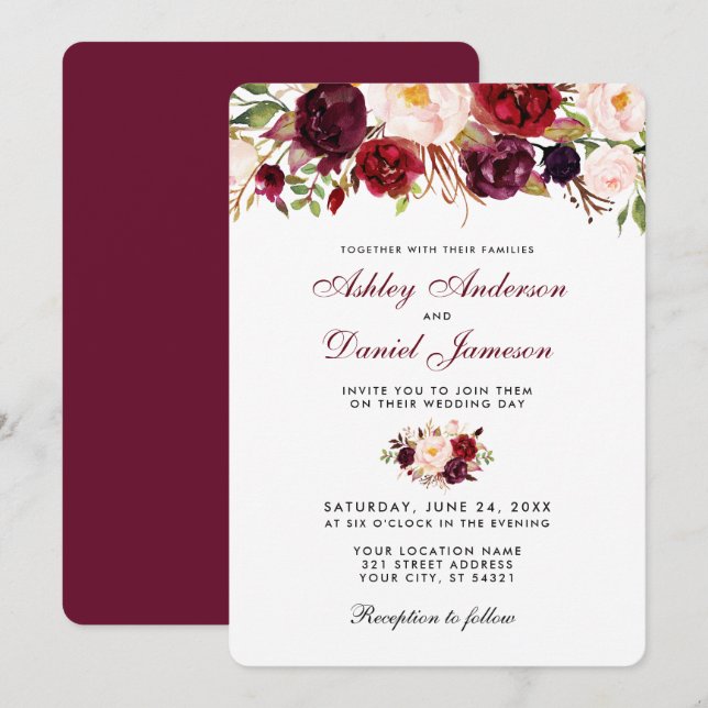 Floral Watercolor Burgundy Wedding Invitation R (Front/Back)