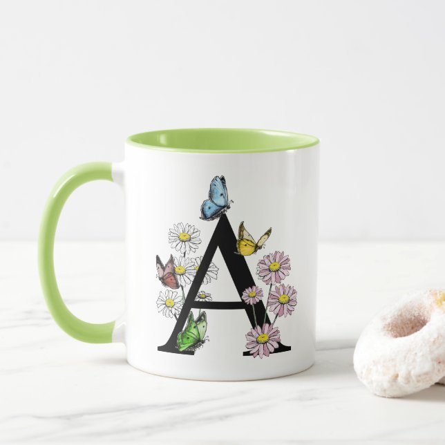Floral Watercolor Butterfly Monogram Letter A Mug (With Donut)