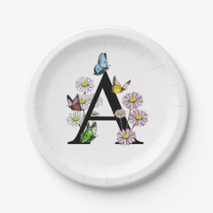 Floral Watercolor Butterfly Monogram Letter A Paper Plate