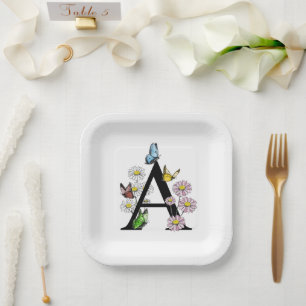 Floral Watercolor Butterfly Monogram Letter A    Paper Plate