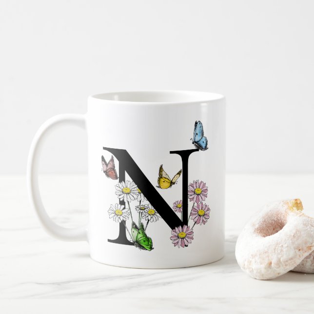 Floral Watercolor Butterfly Monogram  Letter N  Coffee Mug (With Donut)