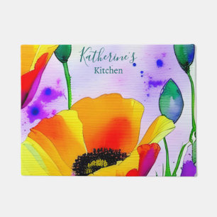 Floral Watercolor California Poppies Kitchen Floor Doormat