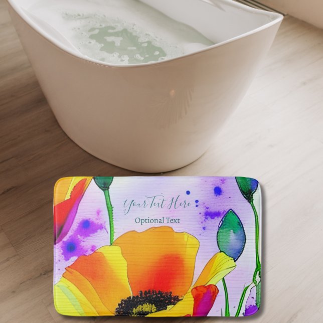 Floral Watercolor California Poppies Personalised Bath Mat (Enjoy a relaxing spa day with this personalized California Poppies bath mat with purple background.)