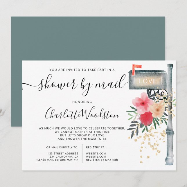Floral watercolor cancelled shower by mail box invitation (Front/Back)