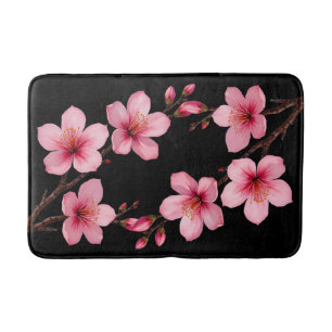 Floral Watercolor Cherry Blossoms Pink Black Bath Mat