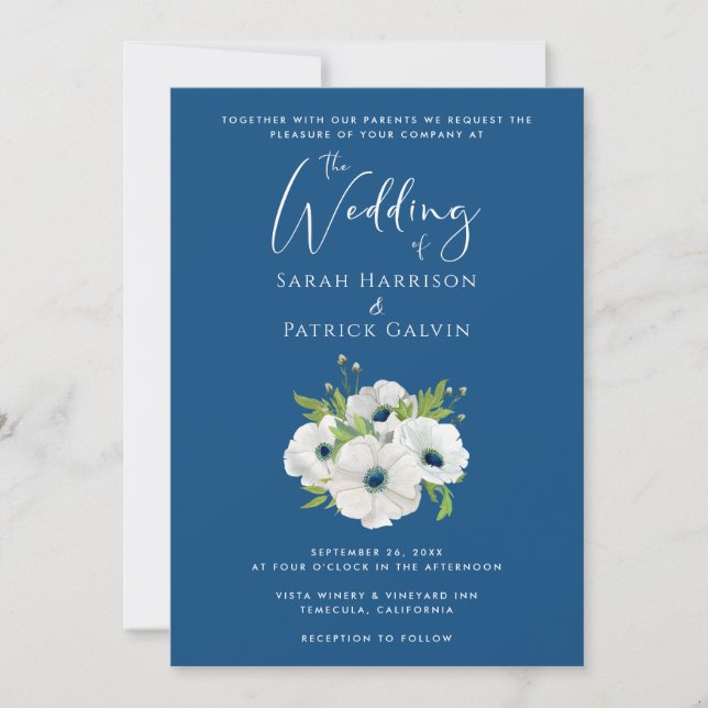 Floral Watercolor Classic Blue Wedding Invitation (Front)