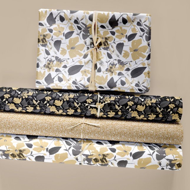 Floral Watercolor Clematis Decoupage Wrapping Paper Sheet (Clematis Watercolor Gold Gray Black Floral Trio Wrapping Paper Sheets. Jenn Steffen-Studio Posies)