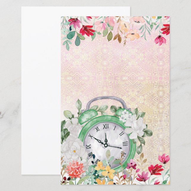 Floral watercolor clock decoupage scrapbook pape (Front/Back)
