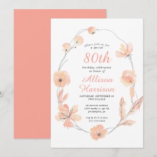Floral Watercolor Coral 80th Birthday Party Invitation