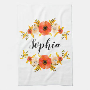 Floral Watercolor Coral Wreath Custom Text Tea Towel