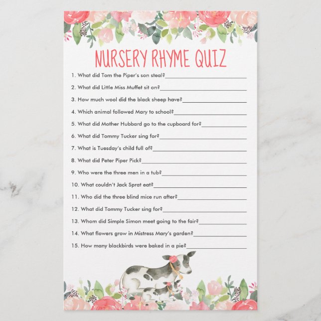 Floral Watercolor Cows Farm Nursery Rhyme Quiz (Front)
