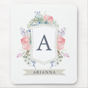 Floral Watercolor Crest with Monogram Mouse Mat