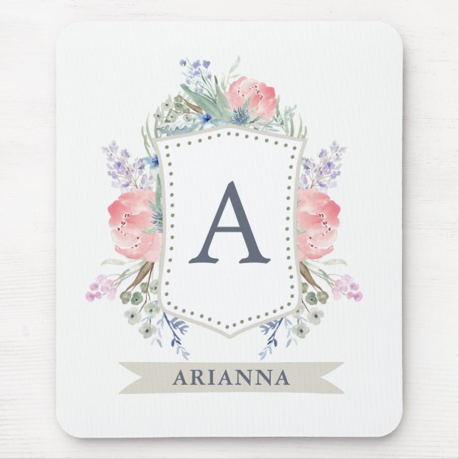 Floral Watercolor Crest with Monogram Mouse Mat (Front)