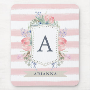 Floral Watercolor Crest with Monogram Stripe Mouse Mat