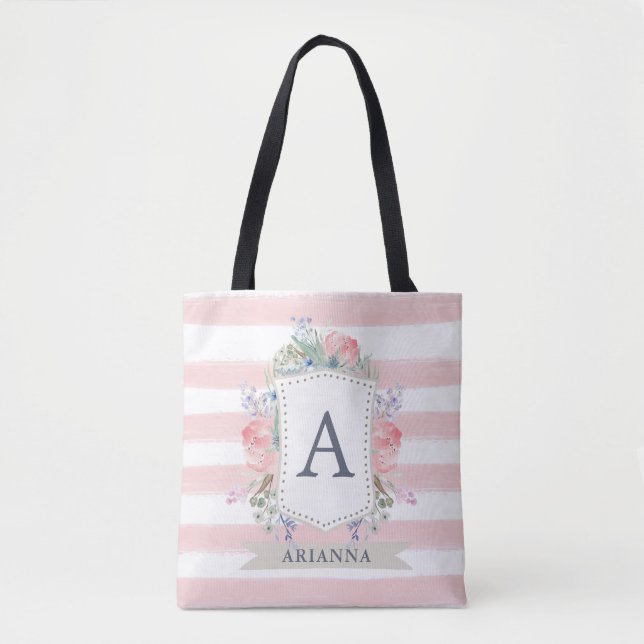 Floral Watercolor Crest with Monogram | Stripe Tote Bag (Front)