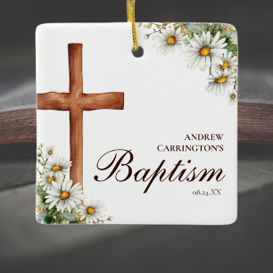 Floral Watercolor Cross Baptism Ceramic Ornament