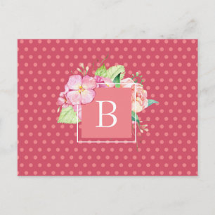 Floral Watercolor Custom Initial Pink Dots Coral Postcard