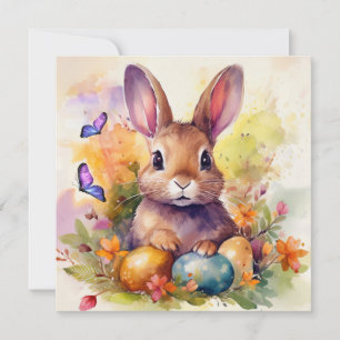 Floral Watercolor Cute Easter Bunny Holiday Card