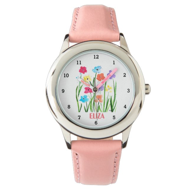 Floral Watercolor Cute Girls Pink Kids Watch (Front)