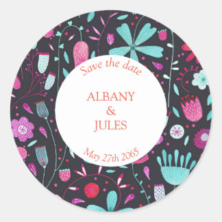 Floral Watercolor Dark Save the Date Classic Round Sticker