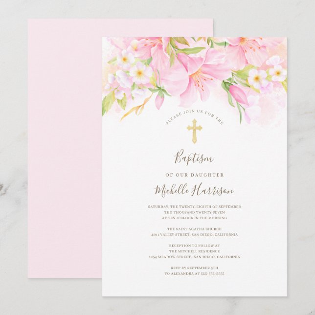 Floral Watercolor Delicate Blush Pink Girl Baptism Invitation (Front/Back)