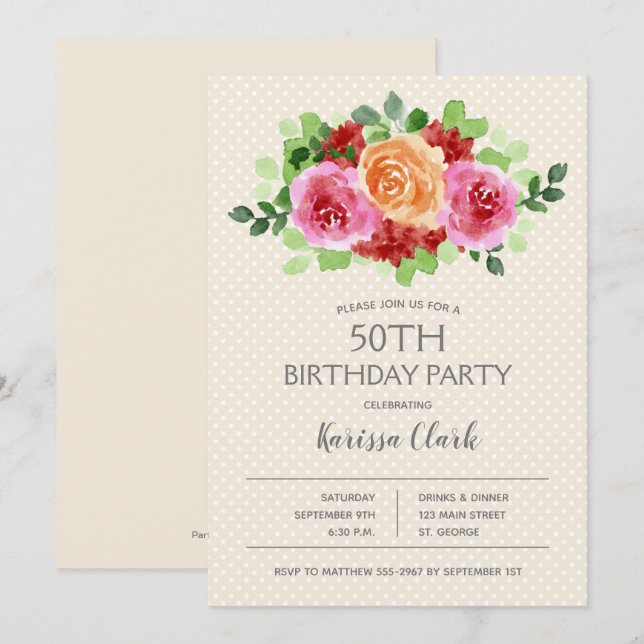 Floral Watercolor Dots Birthday Invitations (Front/Back)