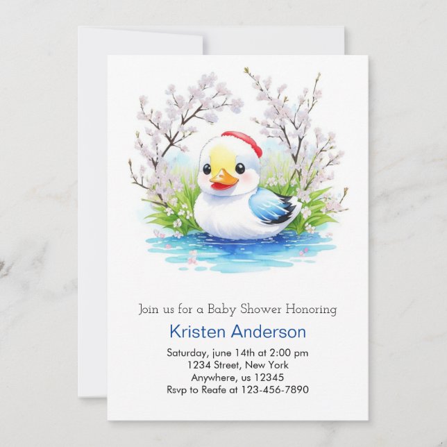 Floral Watercolor Duckling Boy Baby Shower Invitation (Front)