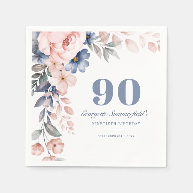 Floral Watercolor Dusty Blue Pink 90th Birthday Napkin (Front)