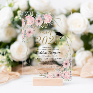 Floral Watercolor Dusty Blush Pink Gold Graduation Acrylic Invitations