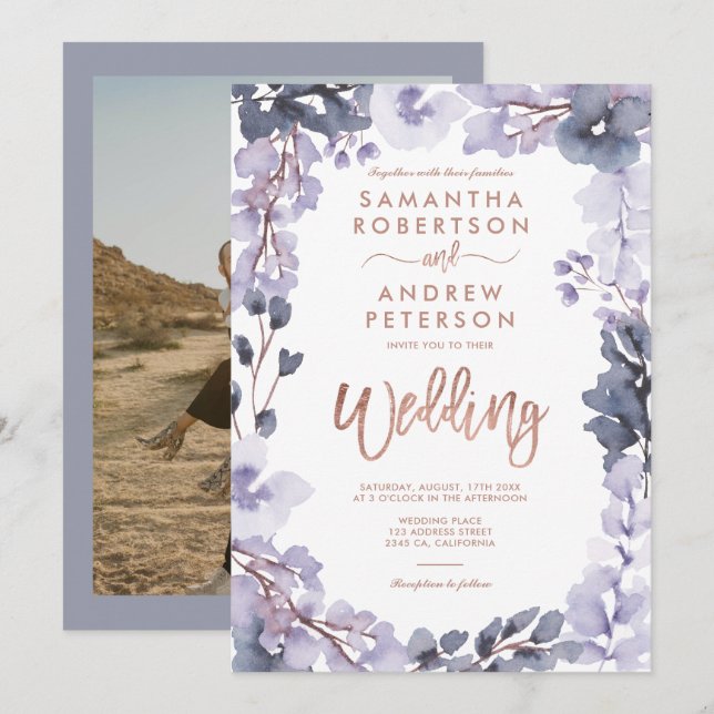 Floral watercolor dusty lavender photo wedding invitation (Front/Back)