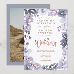 Floral watercolor dusty lavender photo wedding invitation