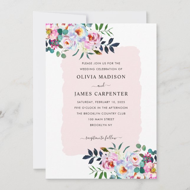 Floral Watercolor Dusty Pink Navy Blue Wedding Invitation (Front)