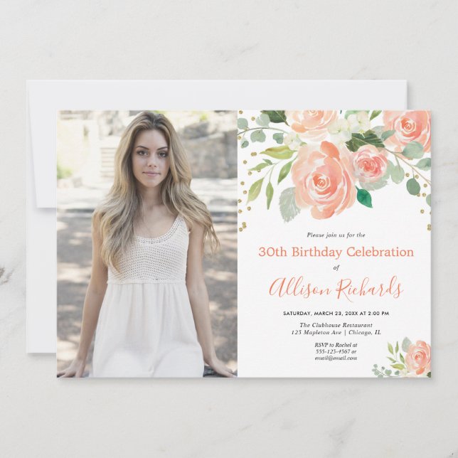 Floral watercolor elegant adult birthday photo invitation (Front)