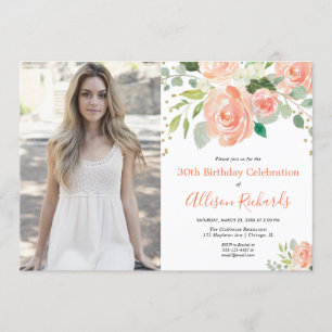 Floral watercolor elegant adult birthday photo invitation