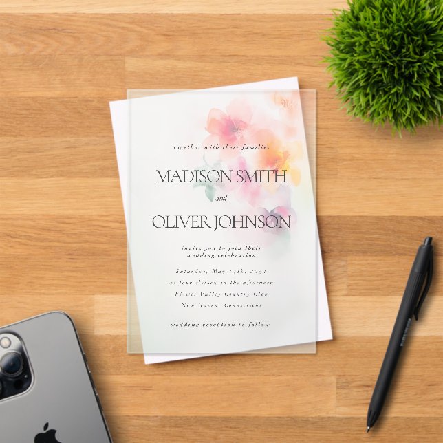 Floral Watercolor Elegant Clear Wedding Acrylic Invitations (Insitu (Invitation Card))