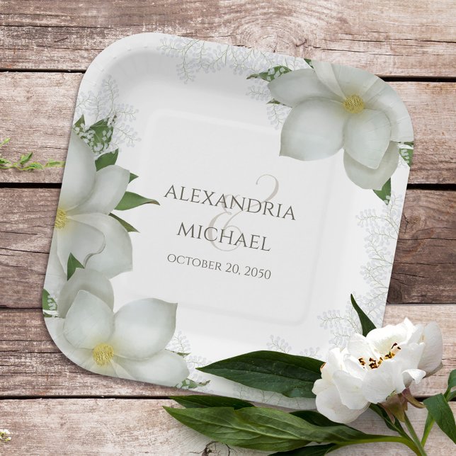 Floral Watercolor Elegant Magnolia Flower Blooms Paper Plate (Creator Uploaded)