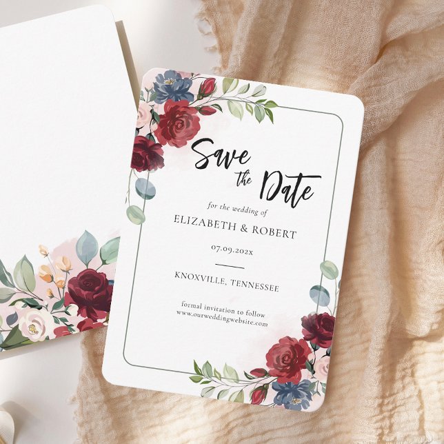 Floral Watercolor Elegant Modern Wedding Save The Date (Watercolor Floral Burgundy Script Save the Date Announcement)