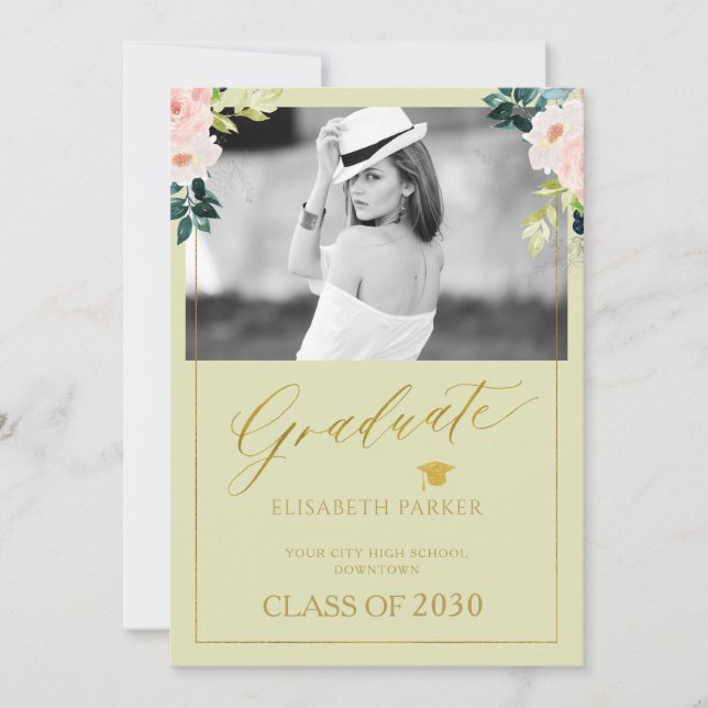 Floral watercolor elegant photo graduation announcement (Front)