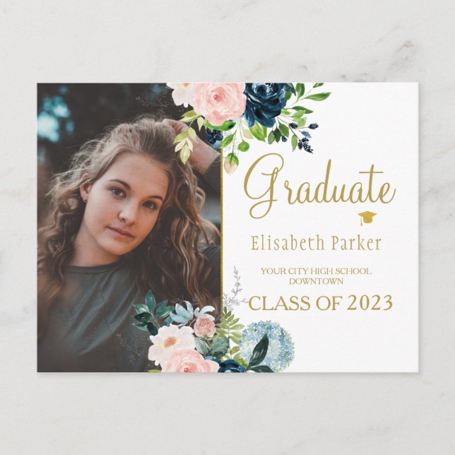 Floral watercolor elegant photo graduation announcement postcard (Front)
