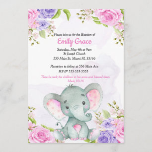Floral Watercolor Elephant Girl Baptism Invitation