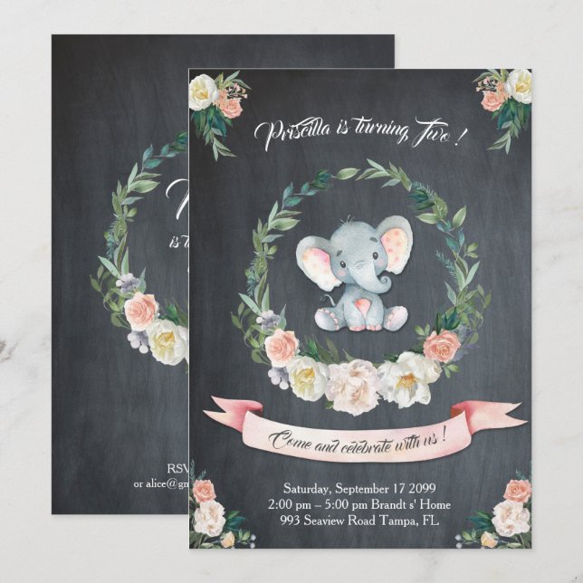 Floral watercolor Elephant Invitation, Baby 2nd Invitation (Front/Back)