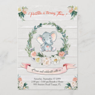 Floral watercolor Elephant Invitation, Baby 3rd Invitation